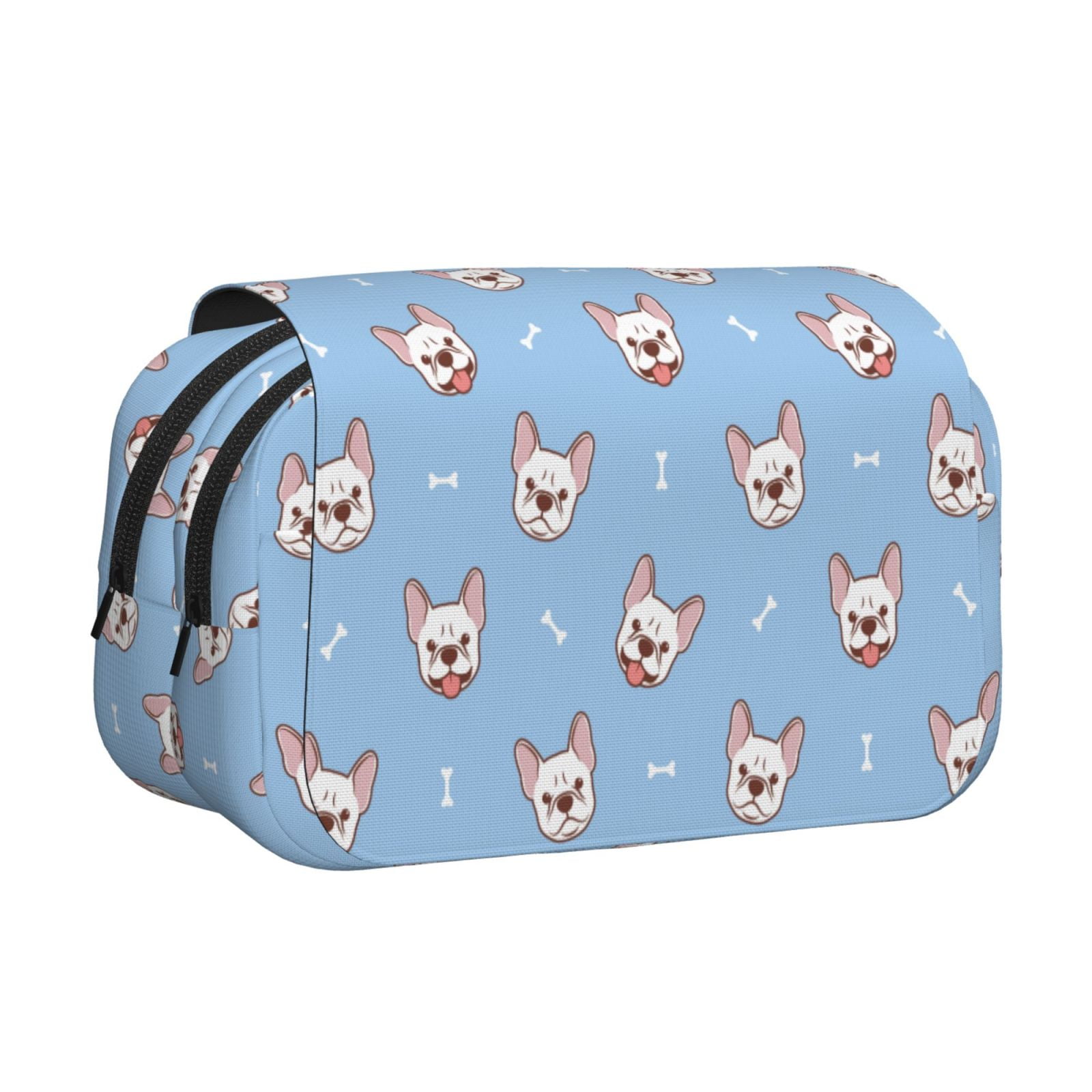 Rateoe French Bulldog Head Pattern Double Clamshell Pen Case, Storage Organizer with Two Zipper Compartments– Holds Up to 50 Pencils & Pens