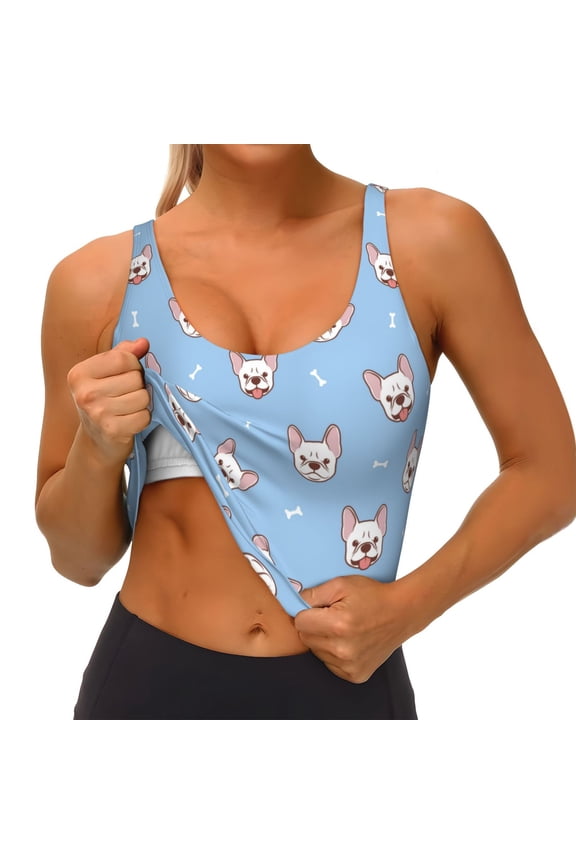 French Bulldog Head Print Womens' Sports Bras Scoop Neck Sports Vest- Padded U Back Seamless High Impact Support