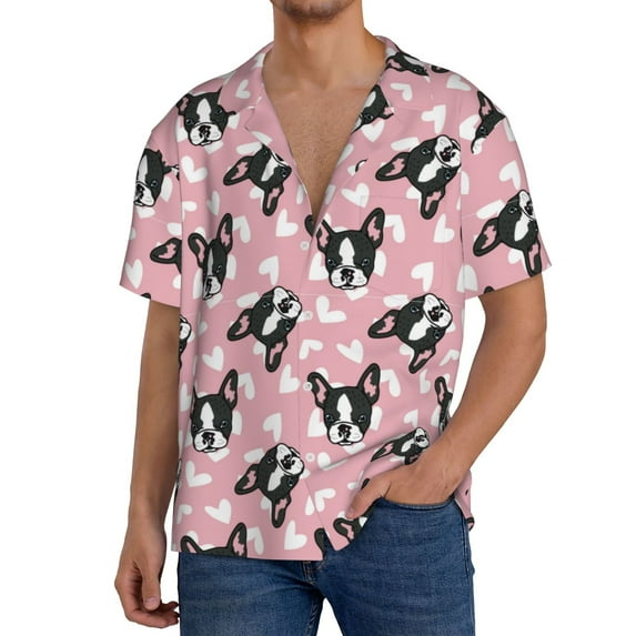 Rateoe French Bulldog Pattern Men's Short Sleeve Classic Shirt, Casual Short-Sleeved Shirt, Lightweight Summer Shirt, Cuban Collar Shirt,Button-Front Shirt-XX-Large