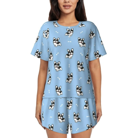 Rateoe French Bulldog Puppy Pattern Women's Short-Sleeved Pajama Set - 2 Piece Soft and Lightweight Sleepwear Set-Medium