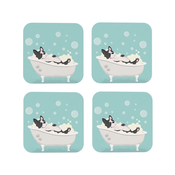 Rateoe French Bulldog Taking a Bath Drawing Drink Coasters Set of 4 Leather Coasters Spill Protection for Table Desk,Durable and Non Slip Leather Coaster ,4 Inches Drink Mats-Square