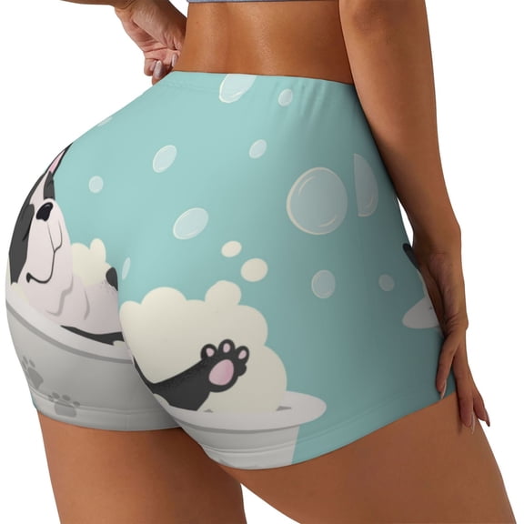 Rateoe French Bulldog Taking a Bath Printed Power Workout Shorts for Women Tummy Control Squat Proof Ribbed Thick Seamless Scrunch Active Short-X-Large