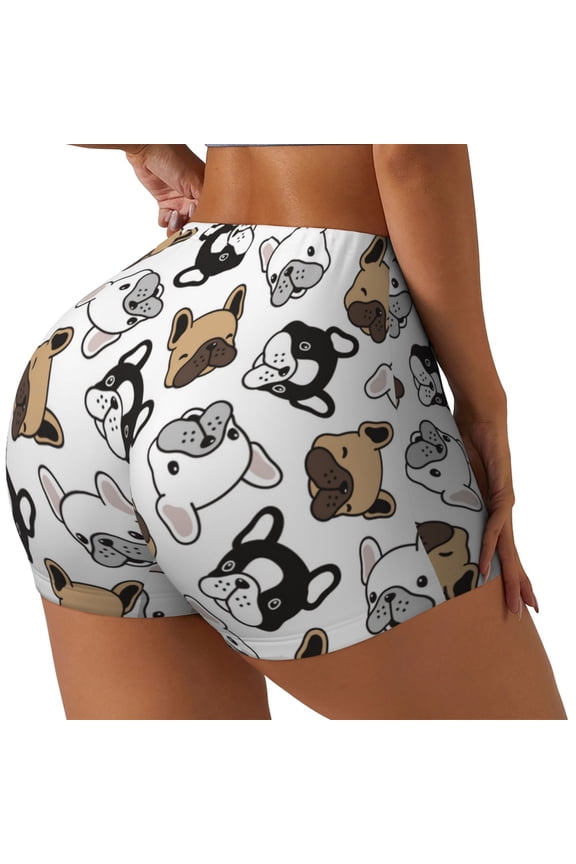 French Bulldog3 Printed Power Workout Shorts for Women Tummy Control Squat Proof Ribbed Thick Seamless Scrunch Active Short-Medium