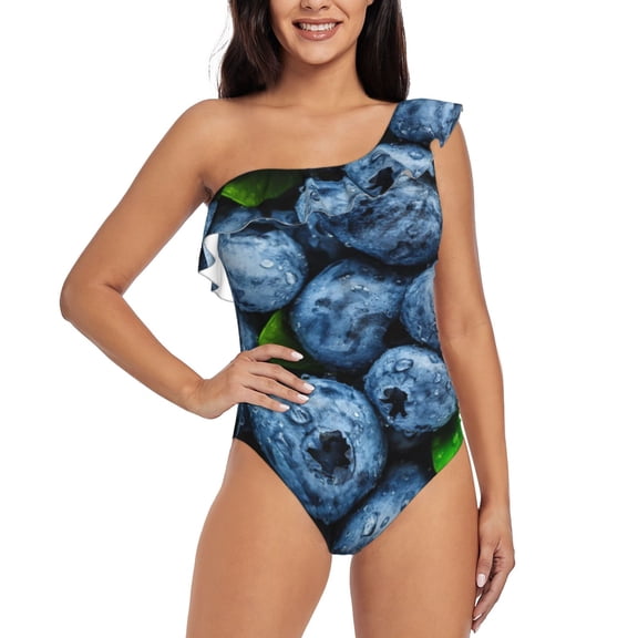 Rateoe Fresh Blueberries Pattern Women One Piece Swimsuits Tummy Control One Shoulder Bathing Suits Ruffle Swimwear-Large