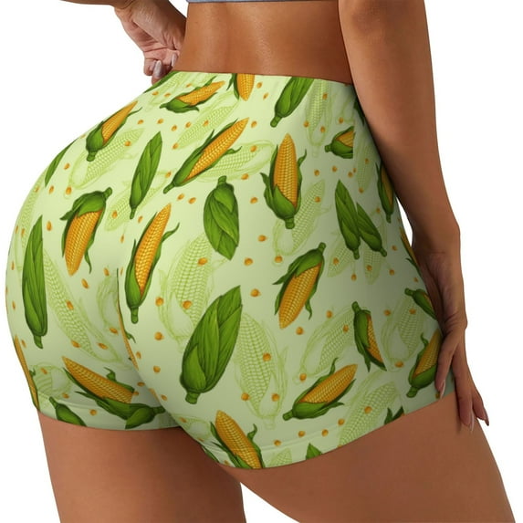 Rateoe Fresh Corn Printed Power Workout Shorts for Women Tummy Control Squat Proof Ribbed Thick Seamless Scrunch Active Short-Large