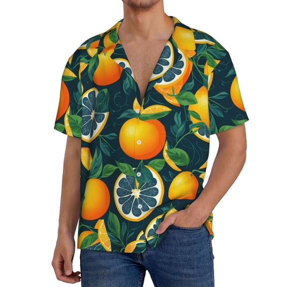 Rateoe Fresh Orange Print Mens Front Pocket Hawaiian Shirts Casual Shirts Short Sleeve Button Down Beach Tropical Shirts-Large