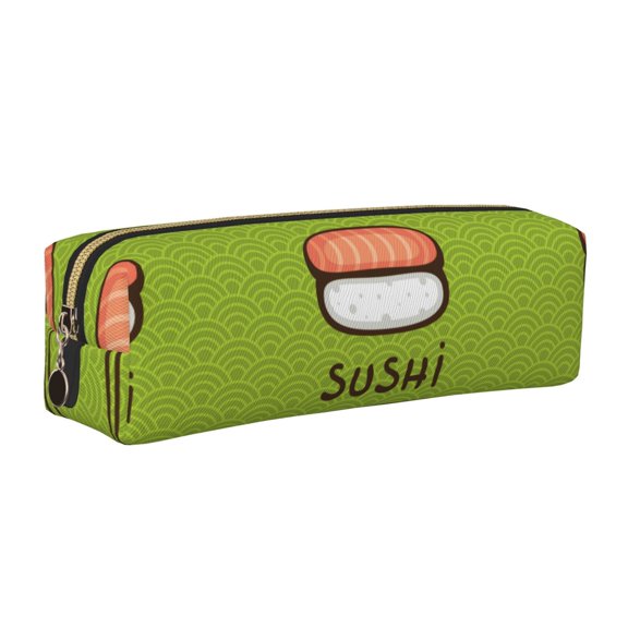 Rateoe Fresh Sushi Print Leather Pencil Case with Smooth Zipper, Compact Storage for Writing Tools & Art Supplies, 8.26" x 1.96" x 2.16"