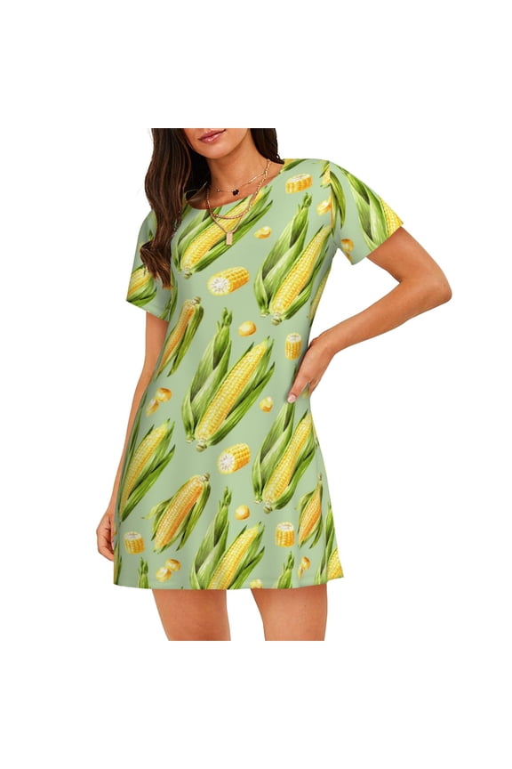 Fresh Sweet Corn Print Women’s Nightdress – Cozy Cotton Short-sleeved Sleep Shirt, Loose-Fit Sleepwear, Perfect for Relaxing and Sleeping