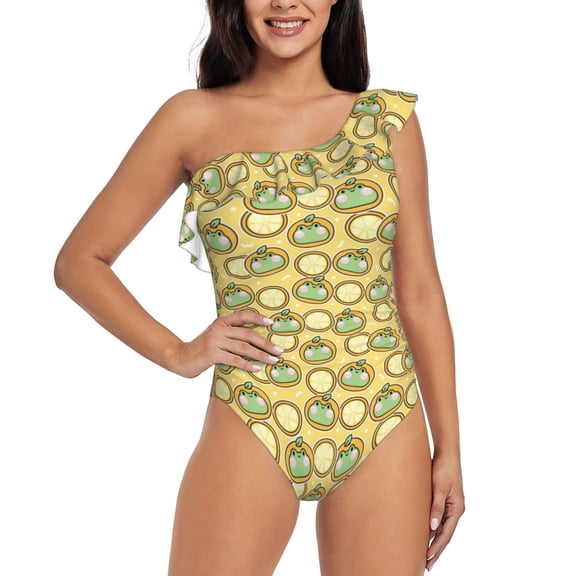 Rateoe Frog In Orange Hat Pattern Women One Piece Swimsuits Tummy Control One Shoulder Bathing Suits Ruffle Swimwear-Large