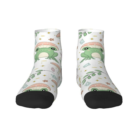 Rateoe Frog and Mushrooms Pattern Quarter Crew Socks,Toe Seamed Ankle Socks,Cotton Cushioned Breathable Athletic Crew Sports Socks