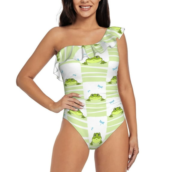 Rateoe Frogs and Dragonflies Pattern Women One Piece Swimsuits Tummy Control One Shoulder Bathing Suits Ruffle Swimwear-Medium