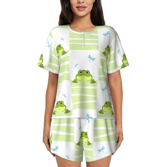 Rateoe Frogs and Dragonflies Pattern Women's Short-Sleeved Pajama Set - 2 Piece Soft and Lightweight Sleepwear Set-Large