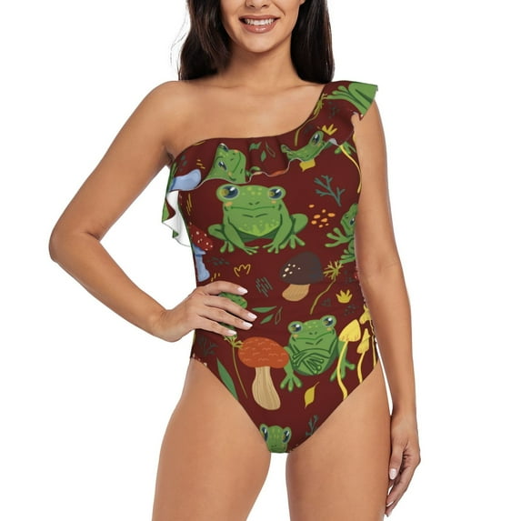Rateoe Frogs and Mushrooms Pattern Women One Piece Swimsuits Tummy Control One Shoulder Bathing Suits Ruffle Swimwear-Medium