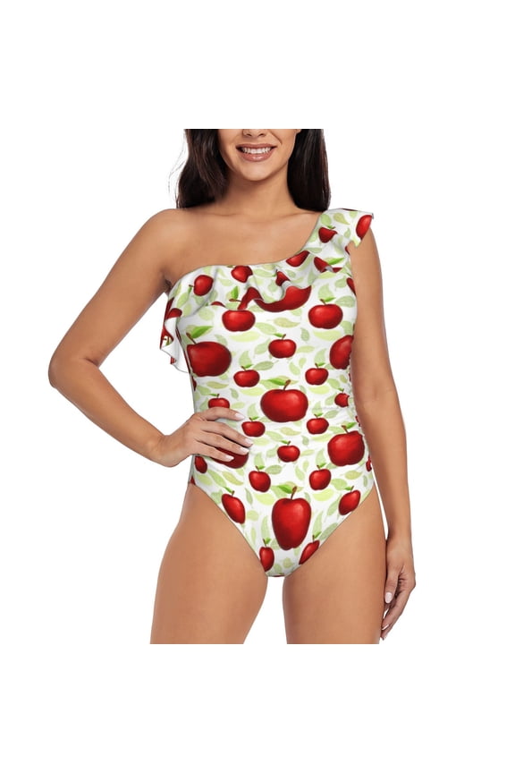 Fruit Apples Pattern Women One Piece Swimsuits Tummy Control One Shoulder Bathing Suits Ruffle Swimwear-