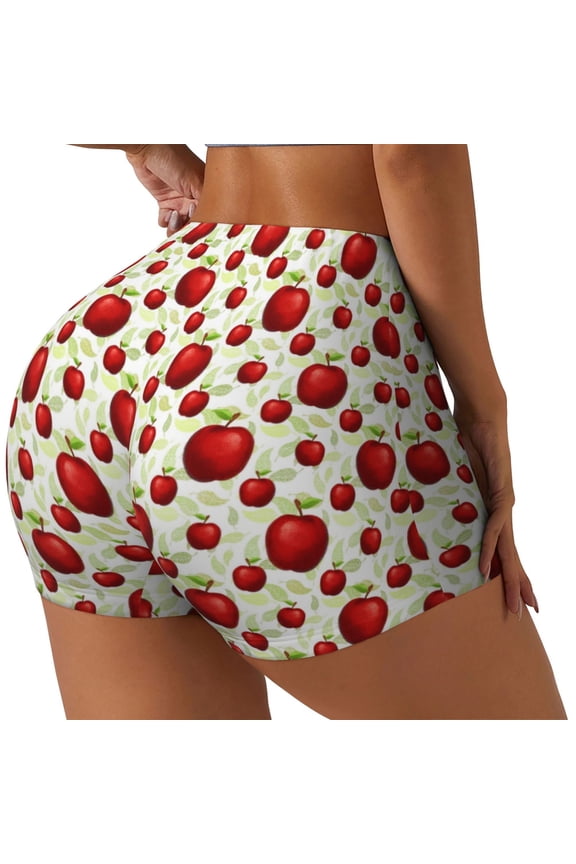 Fruit Apples Printed Power Workout Shorts for Women Tummy Control Squat Proof Ribbed Thick Seamless Scrunch Active Short-Small