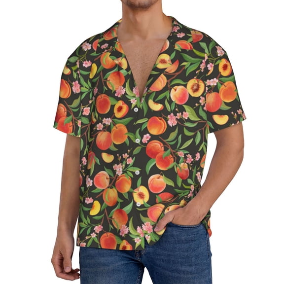 Rateoe Fruits Peach Pattern Men's Short Sleeve Classic Shirt, Casual Short-Sleeved Shirt, Lightweight Summer Shirt, Cuban Collar Shirt,Button-Front Shirt-4X-Large