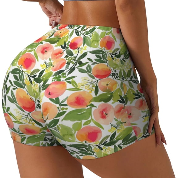 Rateoe Fruits Peach1 Printed Power Workout Shorts for Women Tummy Control Squat Proof Ribbed Thick Seamless Scrunch Active Short-Small