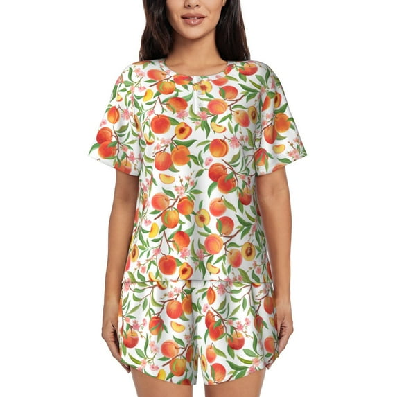 Rateoe Fruits Peach2 Pattern Women's Short-Sleeved Pajama Set - 2 Piece Soft and Lightweight Sleepwear Set-