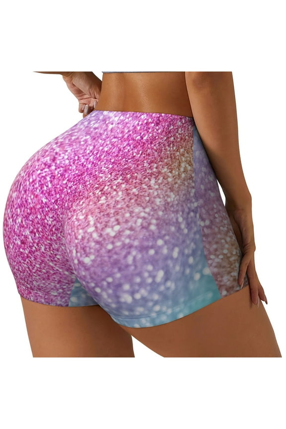 Fun Rainbow Printed Power Workout Shorts for Women Tummy Control Squat Proof Ribbed Thick Seamless Scrunch Active Short-Medium