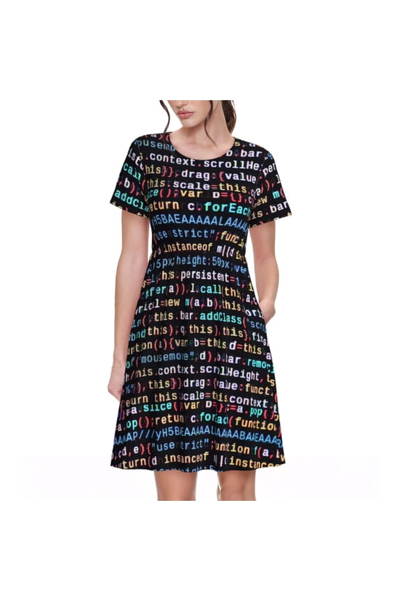 Function Source Code1 Pattern Women’s Short Sleeve Dress – Casual Elegant Summer A-Line Dress for Everyday Wear