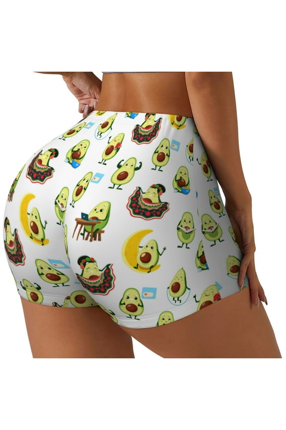 Funny Avocado In Mexican Clothes Printed Power Workout Shorts for Women Tummy Control Squat Proof Ribbed Thick Seamless Scrunch Active Short-Large