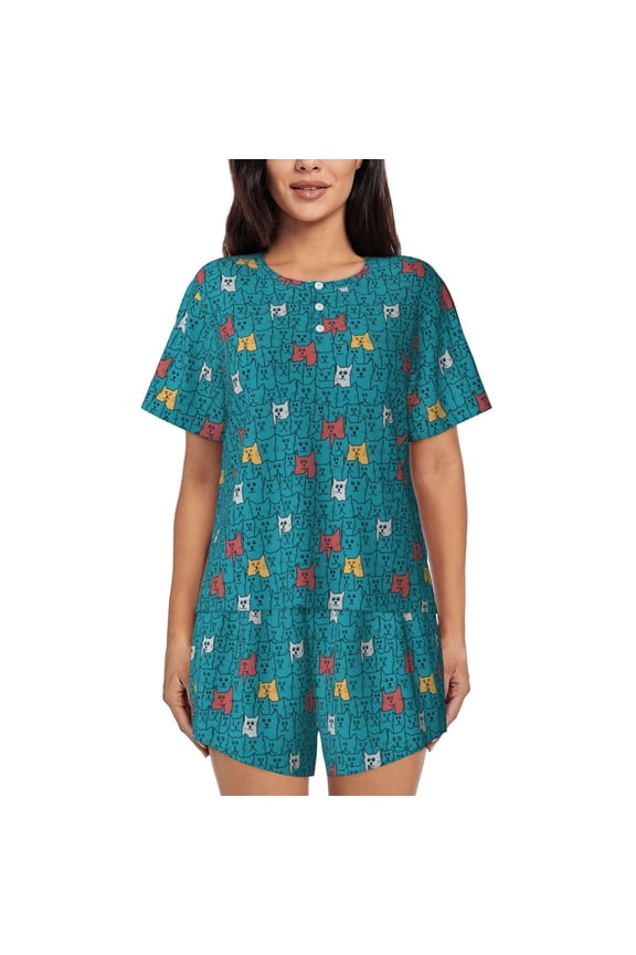 Funny Cat Blue Pattern Women's Short-Sleeved Pajama Set - 2 Piece Soft and Lightweight Sleepwear Set-Medium