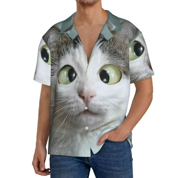 Rateoe Funny Cat Pattern Men's Short Sleeve Classic Shirt, Casual Short-Sleeved Shirt, Lightweight Summer Shirt, Cuban Collar Shirt,Button-Front Shirt-Medium