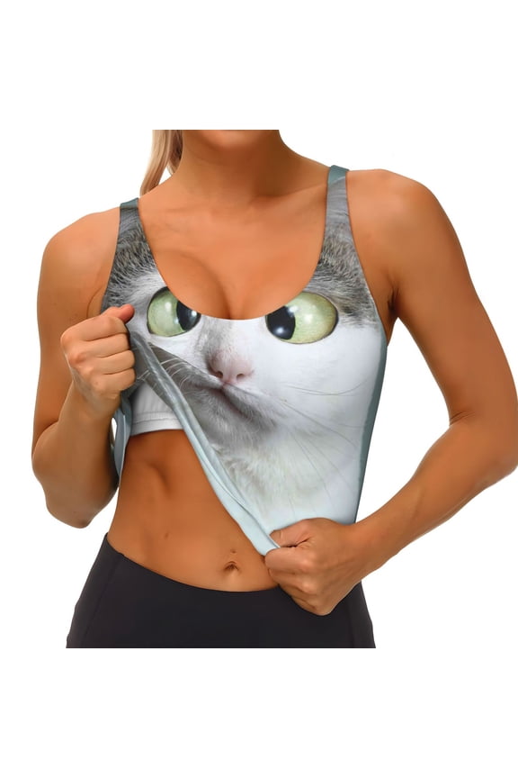 Funny Cat Print Womens' Sports Bras Scoop Neck Sports Vest- Padded U Back Seamless High Impact Support