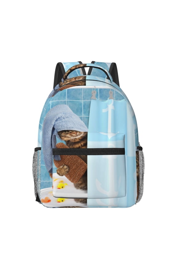 Funny Cat Taking a Bath Pattern Durable Student Backpack Laptop Bag- Ergonomic Design, Waterproof Twill Fabric - Ideal for School, Travel, and Outdoor Activities