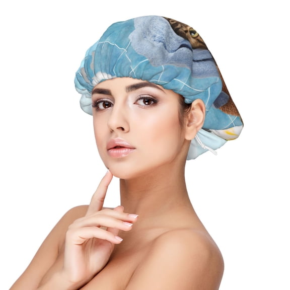 Rateoe Funny Cat Taking a Bath Pattern Silk Satin Hair Bonnet for Sleeping, Adjustable Sleep Cap Turban for Women , Curly Straight Hair Long Large Braid