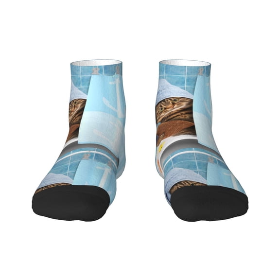 Rateoe Funny Cat Taking a Bath Pattern Quarter Crew Socks,Toe Seamed Ankle Socks,Cotton Cushioned Breathable Athletic Crew Sports Socks