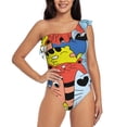 thumbnail image 1 of Rateoe Funny Cats Pattern Women One Piece Swimsuits Tummy Control One Shoulder Bathing Suits Ruffle Swimwear-Medium, 1 of 6