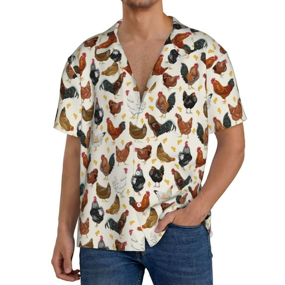 Rateoe Funny Chicken Pattern Men's Short Sleeve Classic Shirt, Casual Short-Sleeved Shirt, Lightweight Summer Shirt, Cuban Collar Shirt,Button-Front Shirt-4X-Large