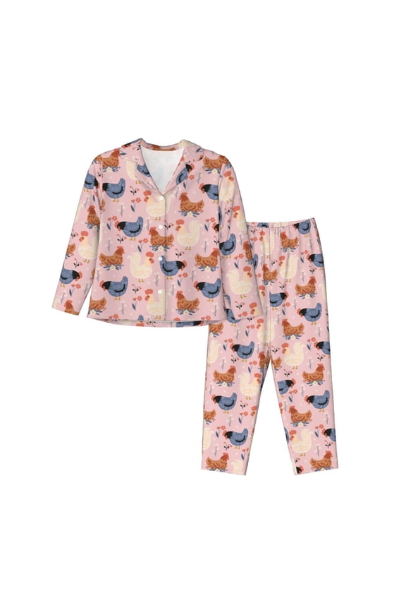 Funny Chicken Pattern Womens Pajamas Set Long Sleeve Sleepwear Button Down Nightwear Soft Cotton Pj Lounge Sets
