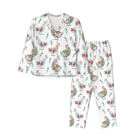 Rateoe Funny Chicken Pattern Womens Pajamas Set Long Sleeve Sleepwear Button Down Nightwear Soft Cotton Pj Lounge Sets