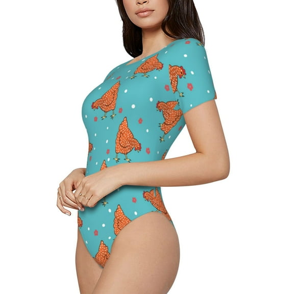 Rateoe Funny Chicken Printed Women Rash Guard Short Sleeve,Tummy control Swimsuit Surfing Swimsuit Bathing Suit Short-sleeved Onesie UPF 50 