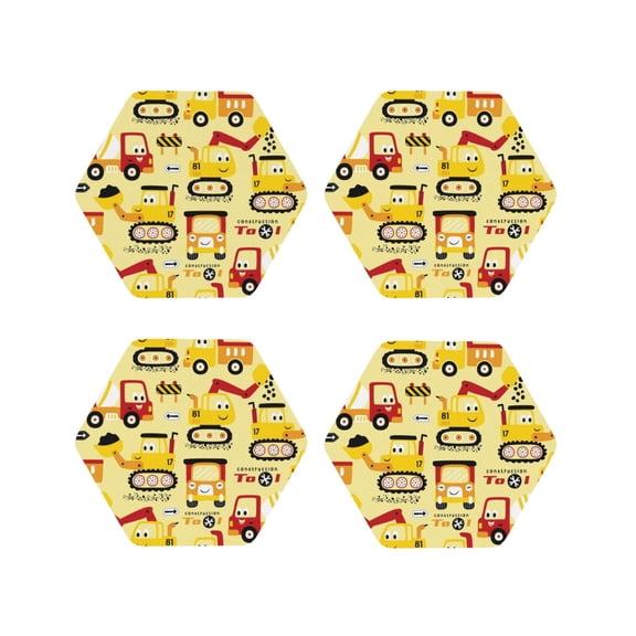 Rateoe Funny Construction Vehicles Drawing Drink Coasters Set of 4 Leather Coasters Spill Protection for Table Desk,Durable and Non Slip Leather Coaster ,4 Inches Drink Mats-Hexagon