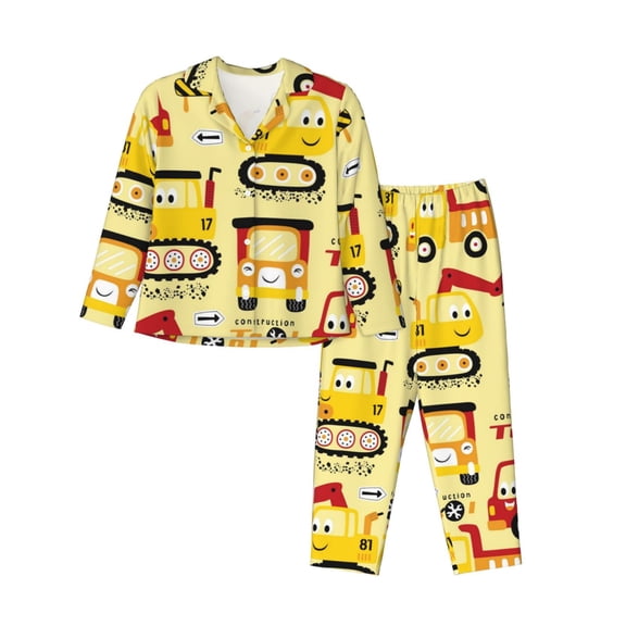 Rateoe Funny Construction Vehicles Pattern Womens Pajamas Set Long Sleeve Sleepwear Button Down Nightwear Soft Cotton Pj Lounge Sets