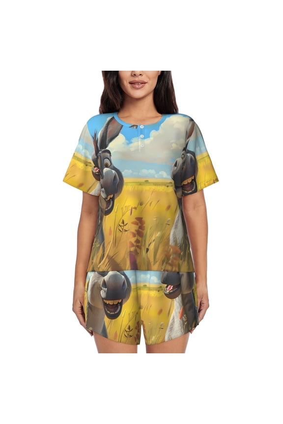 Funny Countryside Donkey for 2 Piece Short Sleeves Pajama Sets Casual Lounge Sleepwear Ladies Pjs Sets with Pocket-4X-Large