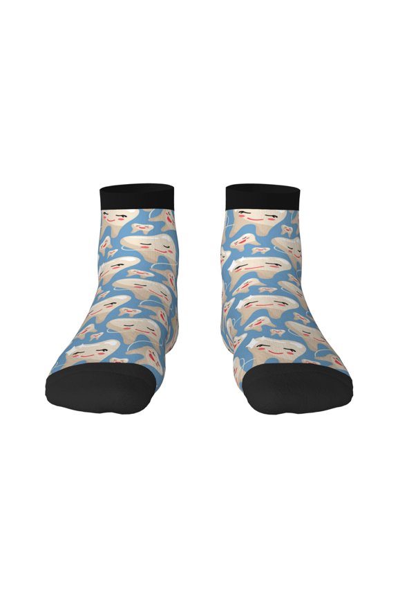 Funny Cute Healthy Teeth Pattern Quarter Crew Socks,Toe Seamed Ankle Socks,Cotton Cushioned Breathable Athletic Crew Sports Socks