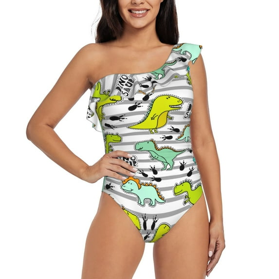 Rateoe Funny Dinosaurs on Stripes Pattern Women One Piece Swimsuits Tummy Control One Shoulder Bathing Suits Ruffle Swimwear-Small