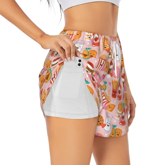 Rateoe Funny Food Printed 2 in 1 Women's Workout Shorts for Athletic Gym Running Shorts with Phone Pockets-Medium