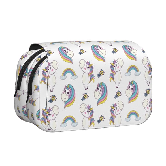 Rateoe Funny Kawaii Unicorns Dancing Pattern Double Clamshell Pen Case, Storage Organizer with Two Zipper Compartments– Holds Up to 50 Pencils & Pens