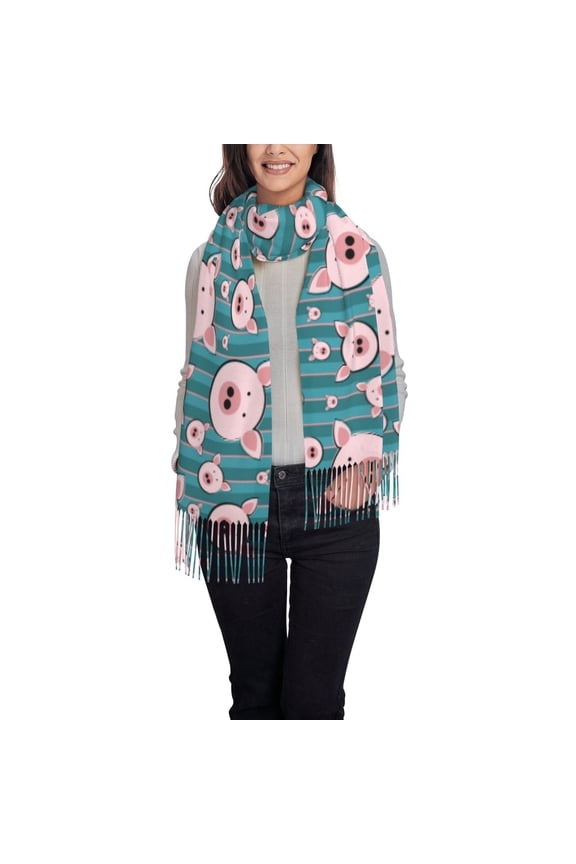 Funny Pig Faces Women's Traditional Scarf Wrap Tassel Shawl Fringes Neck Head Shawl Retro Scarf