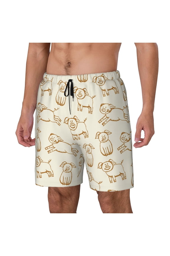 Funny Pigs Pattern Men’s Swim Shorts with Compression Liner – Double-Layered Quick-Dry Swimwear, Comfortable & Stretchy Beach Shorts-X-Large