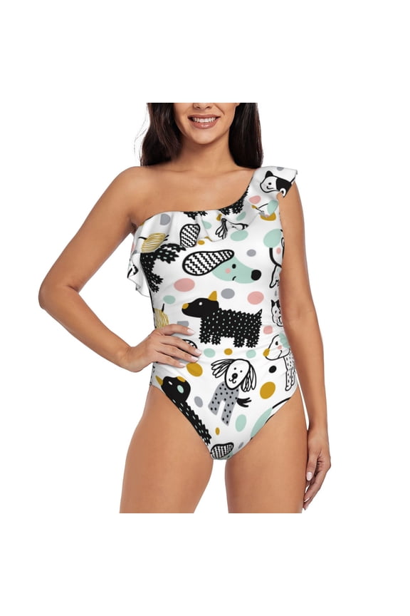 Funny Puppy Pattern Women One Piece Swimsuits Tummy Control One Shoulder Bathing Suits Ruffle Swimwear-