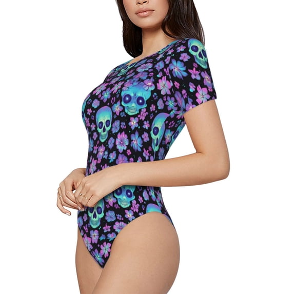 Rateoe Funny Skull Flower Printed Women Rash Guard Short Sleeve,Tummy control Swimsuit Surfing Swimsuit Bathing Suit Short-sleeved Onesie UPF 50+