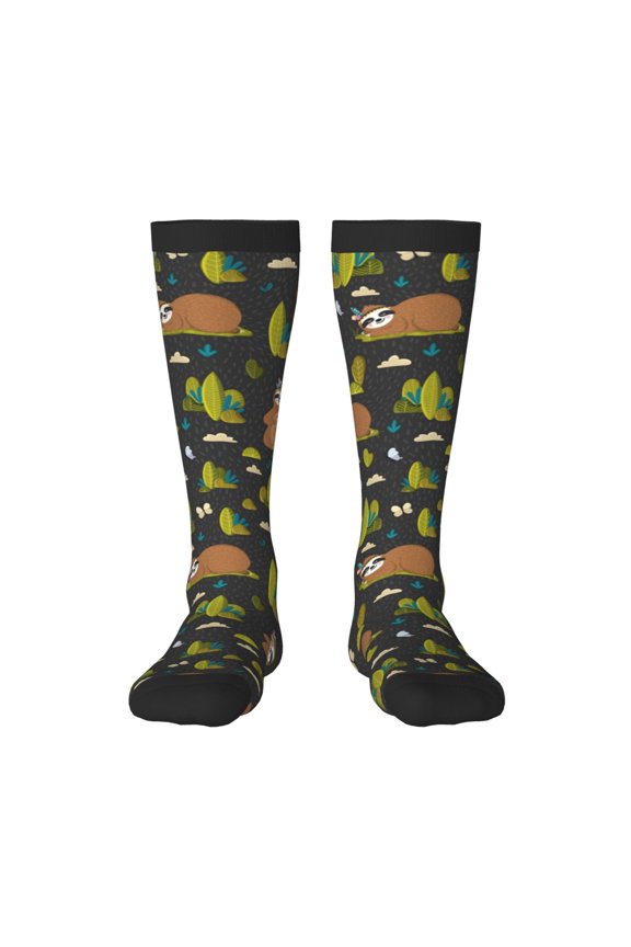 Funny Sloths In The Forest Pattern Women’s Knee High Crew Socks,Trouser Socks Comfortable, Breathable, Moisture-Wicking and Soft