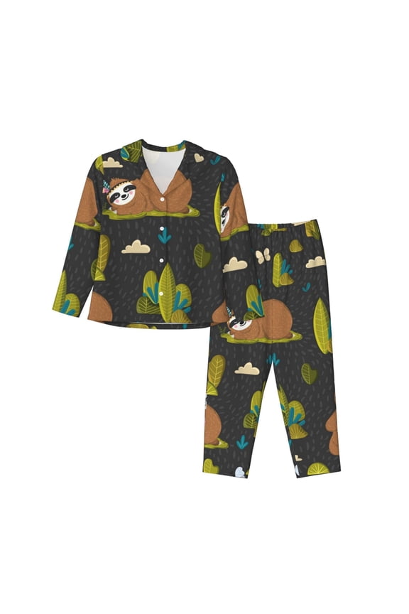 Funny Sloths In The Forest Pattern Womens Pajamas Set Long Sleeve Sleepwear Button Down Nightwear Soft Cotton Pj Lounge Sets