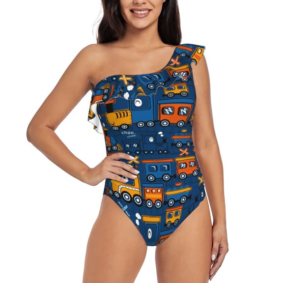 Rateoe Funny Steam Train Pattern Women One Piece Swimsuits Tummy Control One Shoulder Bathing Suits Ruffle Swimwear-